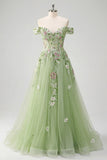 Vestido de baile de graduación verde línea A con corsé floral de hombros descubiertos