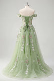 Vestido de baile de graduación verde línea A con corsé floral de hombros descubiertos