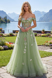 Vestido de baile de graduación verde línea A con corsé floral de hombros descubiertos