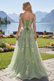 Vestido de baile de graduación verde línea A con corsé floral de hombros descubiertos