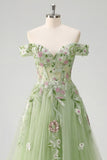 Vestido de baile de graduación verde línea A con corsé floral de hombros descubiertos