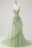 Vestido de baile de fin de curso verde floral con escote en V y volantes con sirena