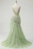 Vestido de baile de fin de curso verde floral con escote en V y volantes con sirena