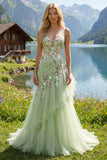 Vestido de baile de fin de curso verde floral con escote en V y volantes con sirena