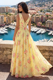 Vestido de graduación floral amarillo de línea en V con abertura