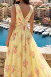 Vestido de graduación floral amarillo de línea en V con abertura