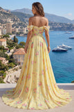 Vestido largo largo de graduación con volantes y flor amarillo brillante, con hombros y bollos