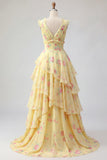 Vestido largo largo de graduación con escote en V amarillo y flecos de línea A