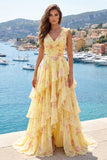 Vestido largo largo de graduación con escote en V amarillo y flecos de línea A