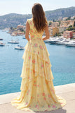 Vestido largo largo de graduación con escote en V amarillo y flecos de línea A
