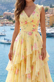 Vestido largo largo de graduación con escote en V amarillo y flecos de línea A