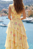 Vestido largo largo de graduación con escote en V amarillo y flecos de línea A