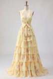 Vestido largo largo floral de A Línea A con volantes