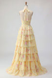 Vestido largo largo floral de A Línea A con volantes
