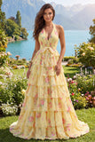 Vestido largo largo floral de A Línea A con volantes