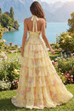 Vestido largo largo floral de A Línea A con volantes