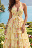 Vestido largo largo floral de A Línea A con volantes
