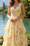 Vestido largo largo de graduación amarillo floral con escote en V y volantes y lazo