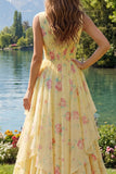 Vestido largo largo de graduación amarillo floral con escote en V y volantes y lazo