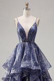 Starry Línea A con vestido delicado de tirantes finos con tirantes finos y falda tipo cascada en niveles