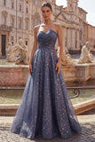 Elegante vestido de baile largo estrellado con corpiño escultórico fruncido y falda en línea A