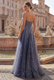 Vestido de graduación largo con lazo de Celestial Midnight Encantador Estrellado en línea A.