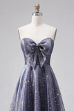 Vestido de graduación largo con lazo de Celestial Midnight Encantador Estrellado en línea A.