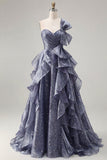 Vestido de graduación azul polvoriento de un solo hombro con lazo oversize y volantes en cascada