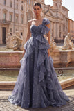 Vestido de graduación azul polvoriento de un solo hombro con lazo oversize y volantes en cascada