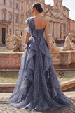 Vestido de graduación azul polvoriento de un solo hombro con lazo oversize y volantes en cascada