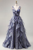 Elegante vestido de graduación azul polvoriento de tul con escote en V y volantes escalonados