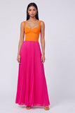 Vestido largo plisado de línea A naranja y fucsia