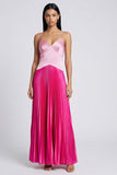 Vestido Maxi plisado de tirantes finos rosa satinado y fucsia