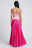 Vestido Maxi plisado de tirantes finos rosa satinado y fucsia