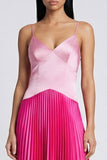 Vestido Maxi plisado de tirantes finos rosa satinado y fucsia