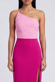 Vestido Maxi Bodycon de terciopelo de un solo hombro rosa y fucsia con abertura