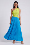 Vestido Maxi plisado y fruncido de un hombro verde y azul de línea A