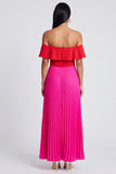 Vestido largo fucsia de línea A con hombros descubiertos y rojo plisado con volantes