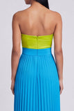 Vestido largo plisado verde y azul A-Line Sweetheart con lazo