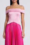 Vestido largo plisado plisado de raso rosa satinado y fucsia en línea A