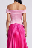 Vestido largo plisado plisado de raso rosa satinado y fucsia en línea A
