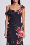 Vestido largo floral asimétrico de tul negro estampado en funda
