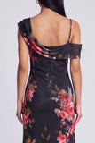 Vestido largo floral asimétrico de tul negro estampado en funda