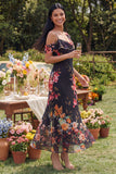 Vestido largo floral asimétrico de tul negro estampado en funda