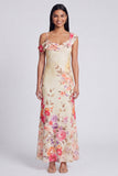 Vestido largo floral asimétrico de tul negro estampado en funda