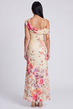 Vestido largo floral asimétrico de tul negro estampado en funda