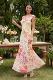 Vestido largo floral asimétrico de tul negro estampado en funda