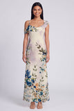 Vestido largo floral asimétrico de tul negro estampado en funda