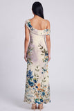 Vestido largo floral asimétrico de tul negro estampado en funda
