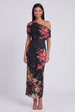 Vestido largo largo floral con estampado de tul de un solo hombro y tul negro